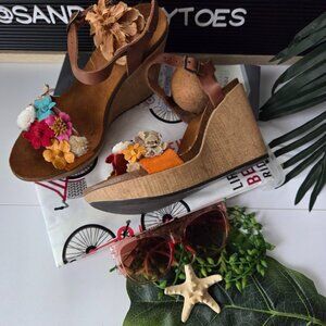 Biostep I Made in Spain Leather and Cork Wedge with floral strap Size 8